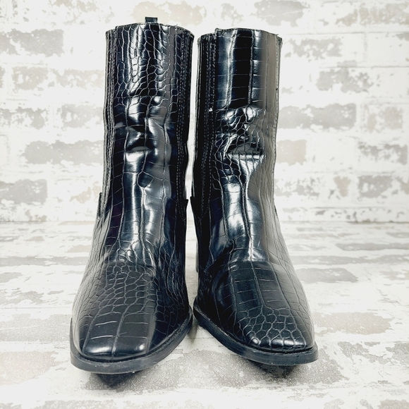 Nasty Gal Black Leather Suede Square Toe Block High Heels Ankle Boots B627 - Picture 3 of 13